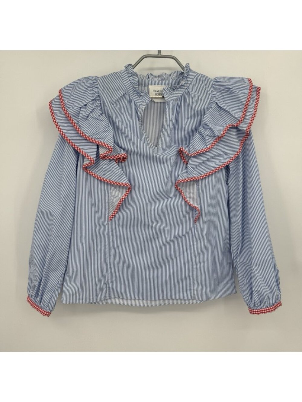 Hycainth House by Tuckernuck Blue Stripe Gingham Ruffle Holly Blouse size XS